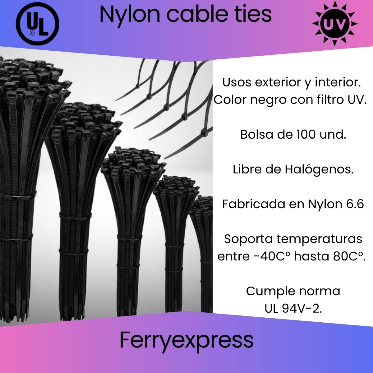 Amarra 7.6x370mm negra Bolsa de 100 und